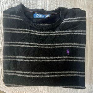 Polo Ralph Lauren Black and Gray Striped Italian Merino Wool Crewneck Sweater